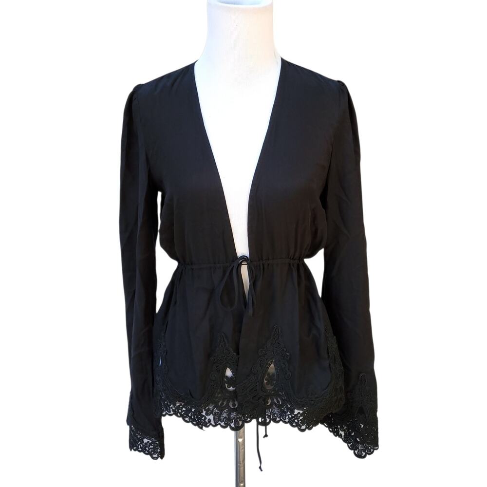 Stone Cold Fox Black Lace Tunic Top Boho Whimsigoth  Bell Sleeve Drawstring Sz 1